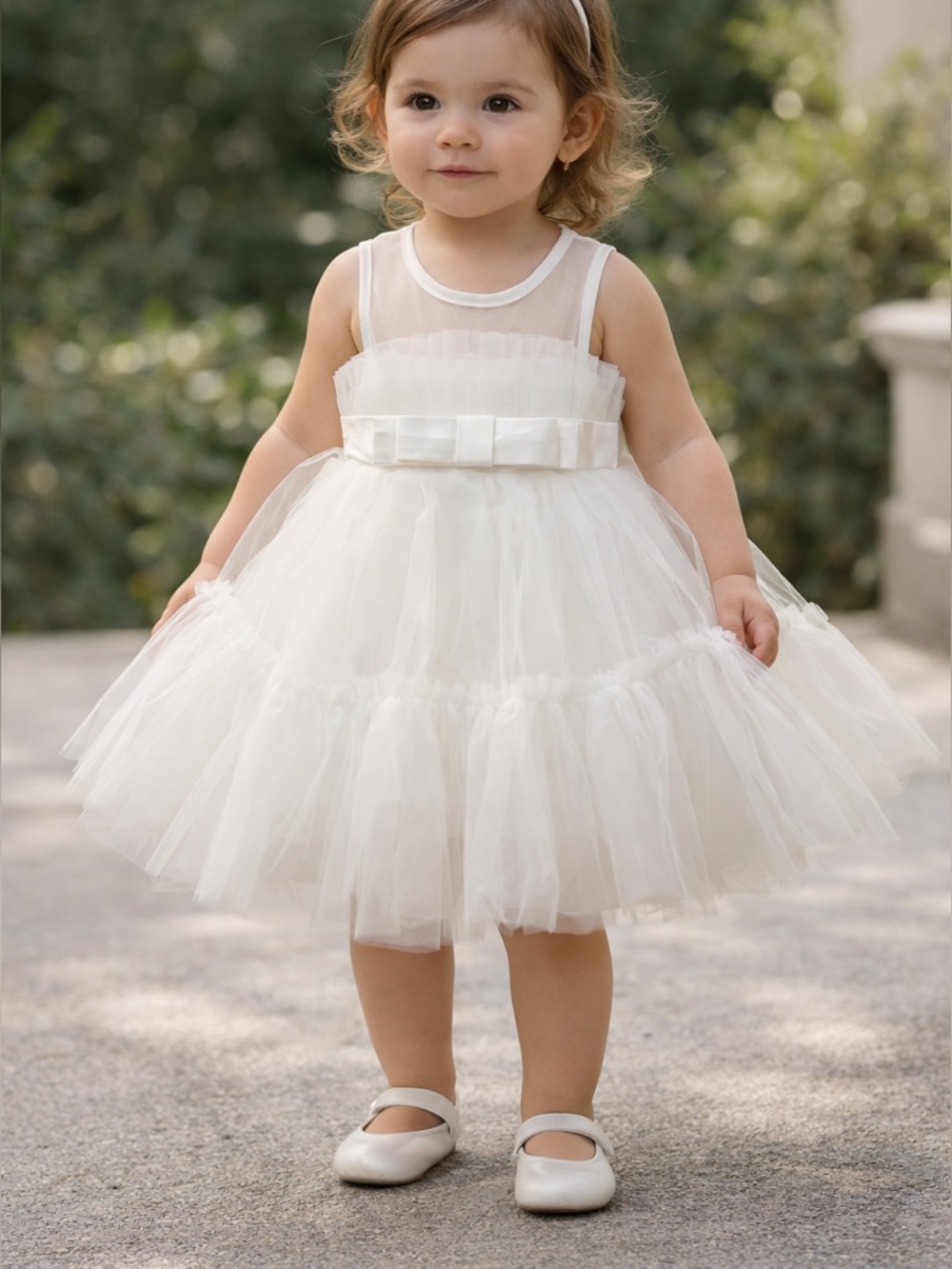 White Tulle Formal Flower Girl Dress with Satin Bow Party Wedding